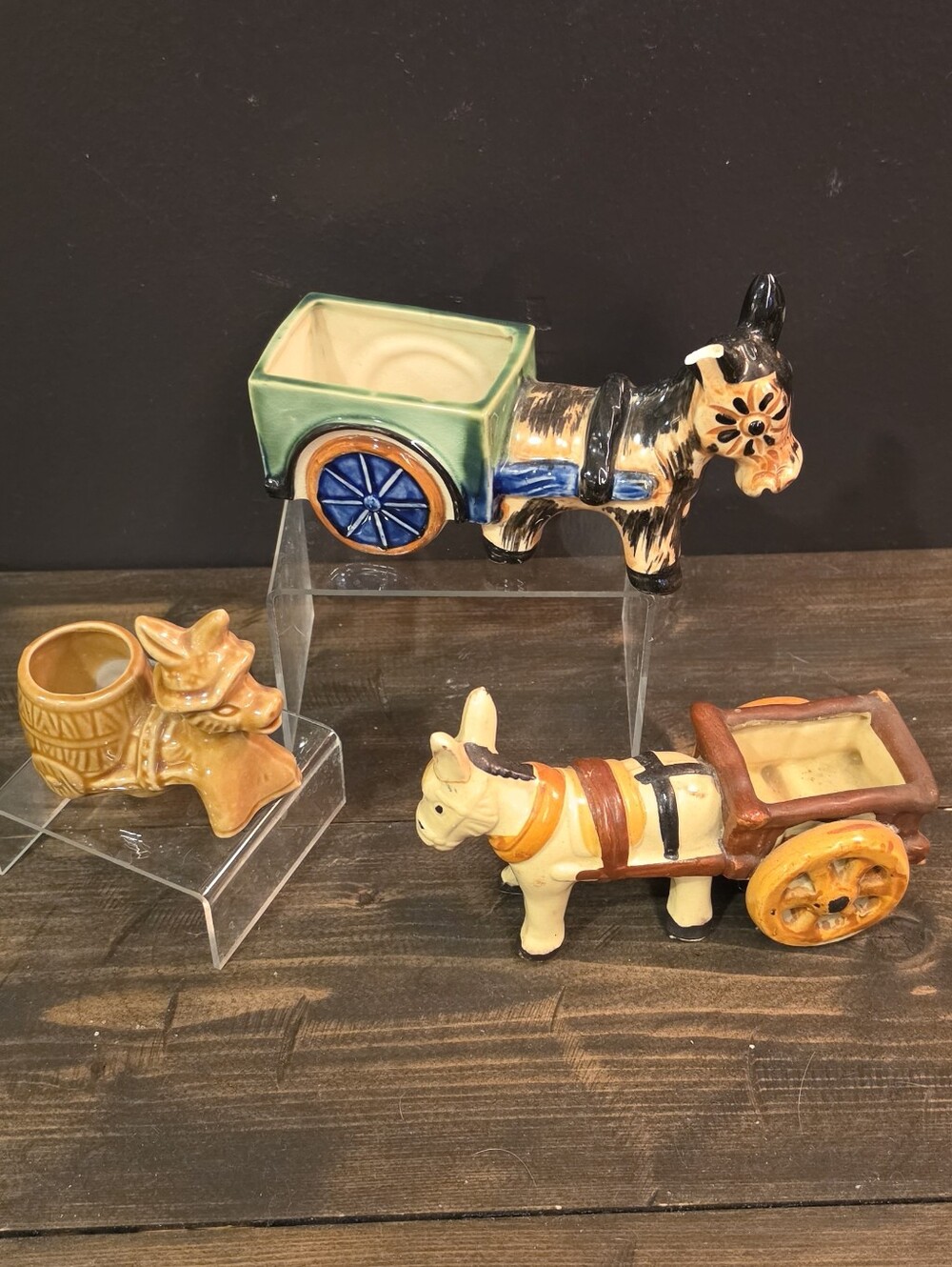 Vintage Japan Ceramic Donkey Cart Planter Lot Of 3 Mid Century Kitsch Succulent